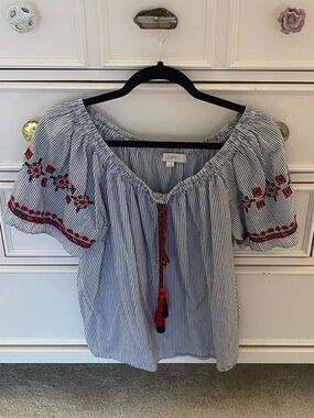 LOFT Blue and White Striped Peasant Blouse with Red Embroidery